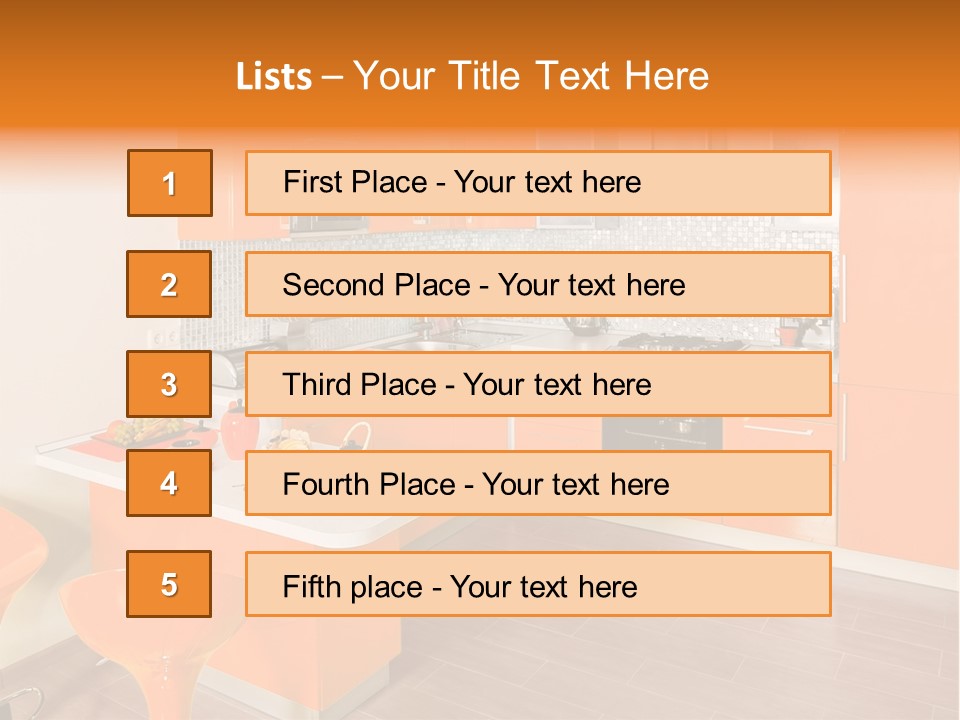 A Kitchen With Orange Cabinets And White Counter Tops PowerPoint Template