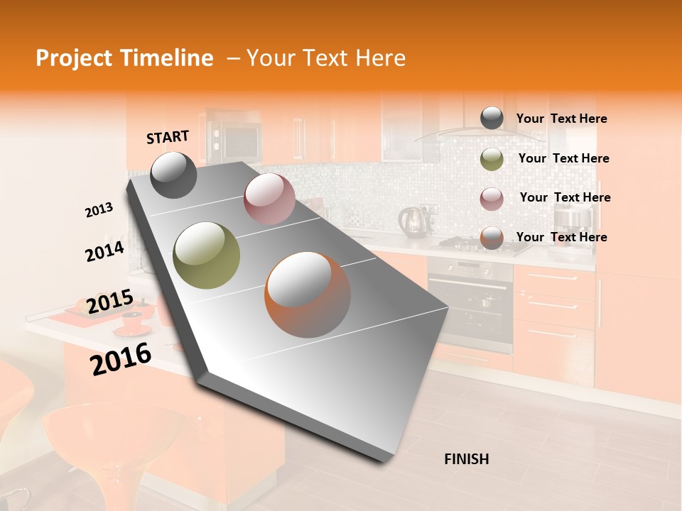 A Kitchen With Orange Cabinets And White Counter Tops PowerPoint Template