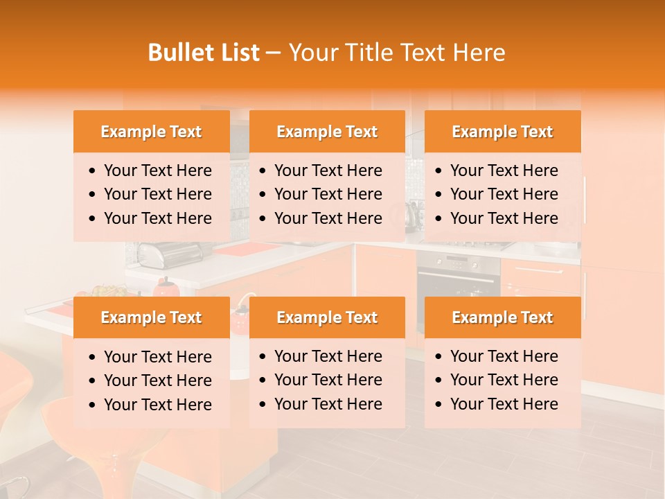 A Kitchen With Orange Cabinets And White Counter Tops PowerPoint Template