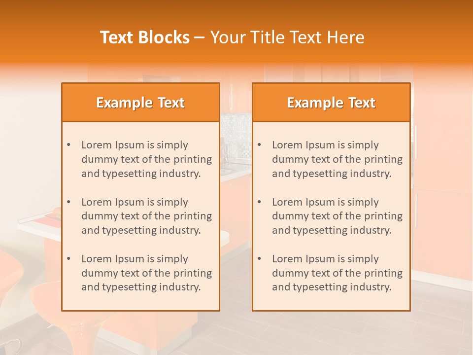 A Kitchen With Orange Cabinets And White Counter Tops PowerPoint Template
