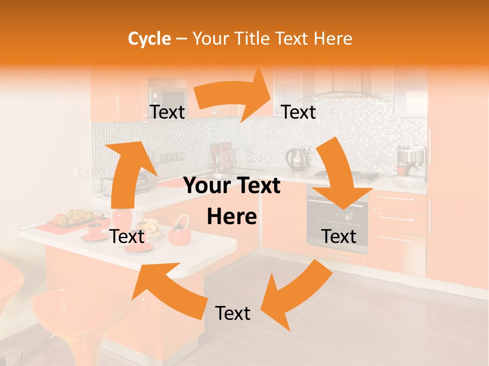 A Kitchen With Orange Cabinets And White Counter Tops PowerPoint Template
