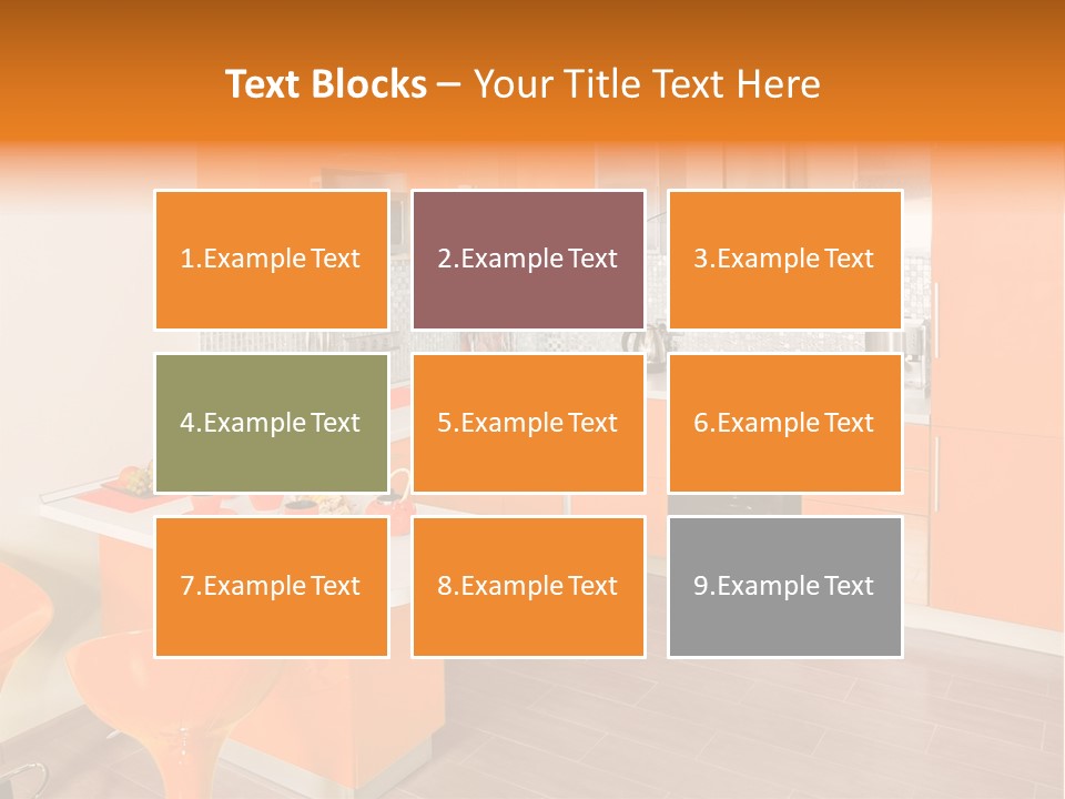 A Kitchen With Orange Cabinets And White Counter Tops PowerPoint Template