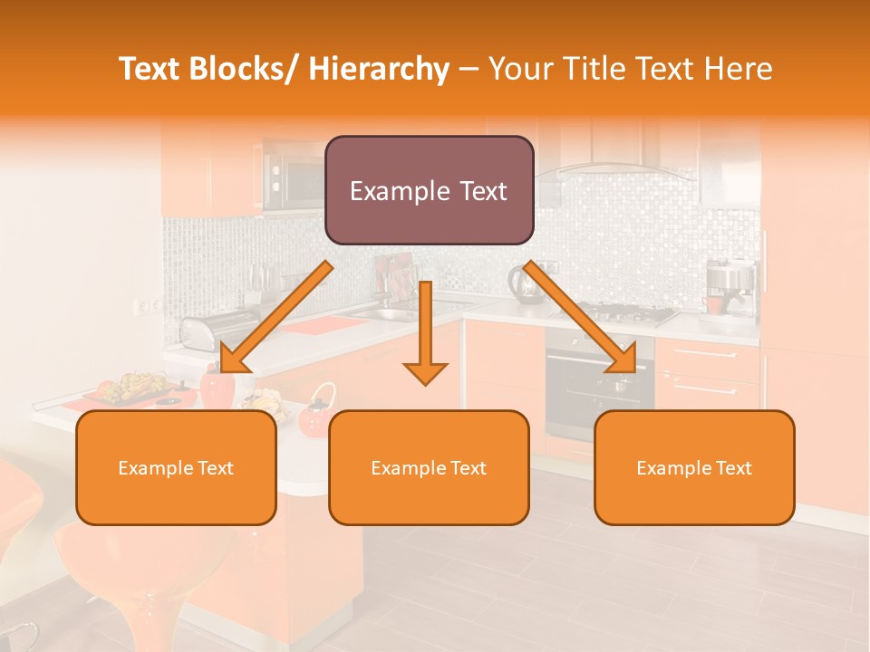 A Kitchen With Orange Cabinets And White Counter Tops PowerPoint Template