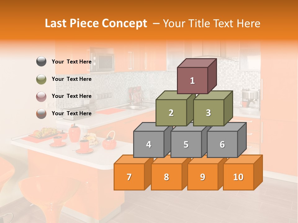 A Kitchen With Orange Cabinets And White Counter Tops PowerPoint Template