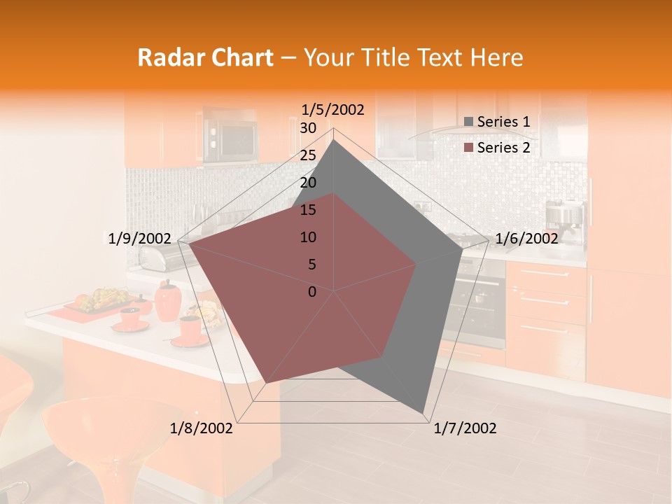 A Kitchen With Orange Cabinets And White Counter Tops PowerPoint Template