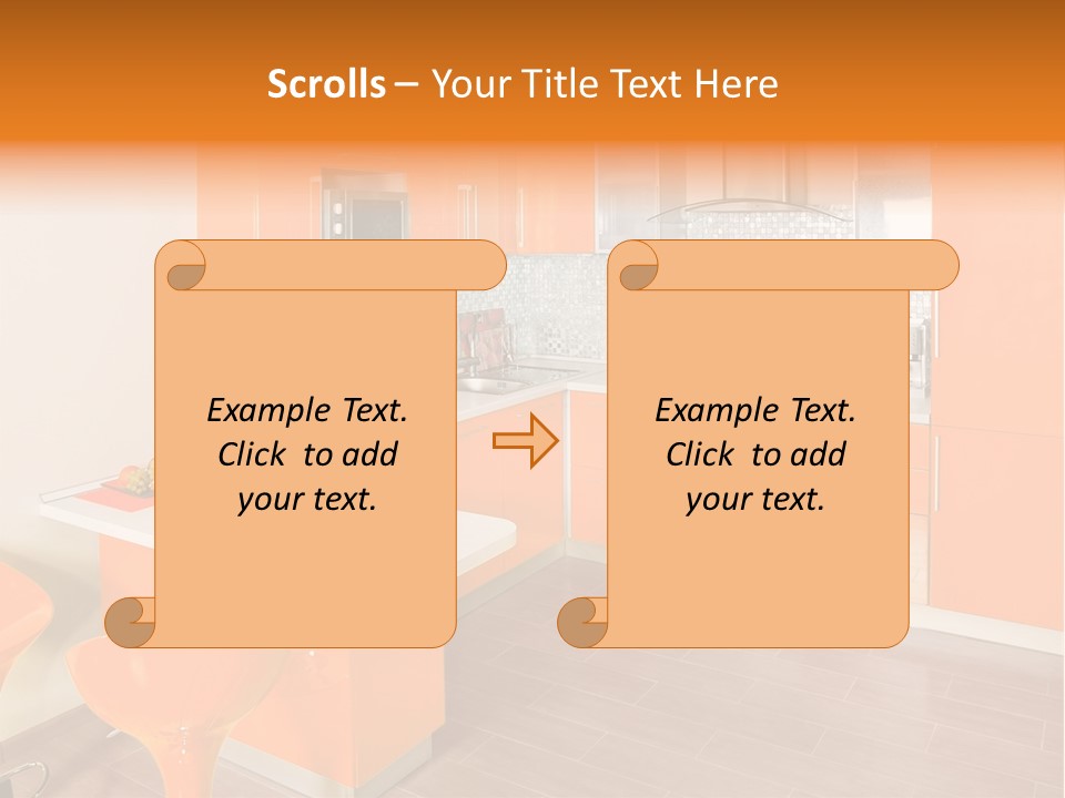A Kitchen With Orange Cabinets And White Counter Tops PowerPoint Template