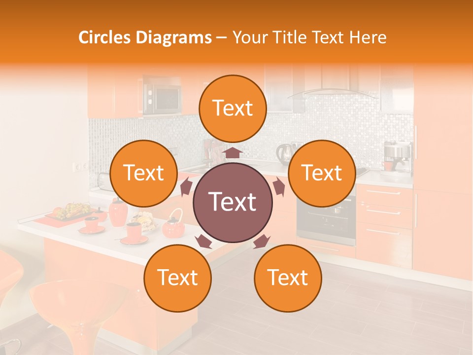 A Kitchen With Orange Cabinets And White Counter Tops PowerPoint Template