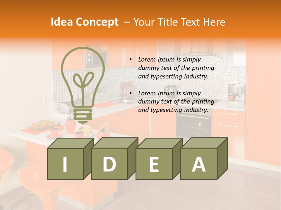 A Kitchen With Orange Cabinets And White Counter Tops PowerPoint Template