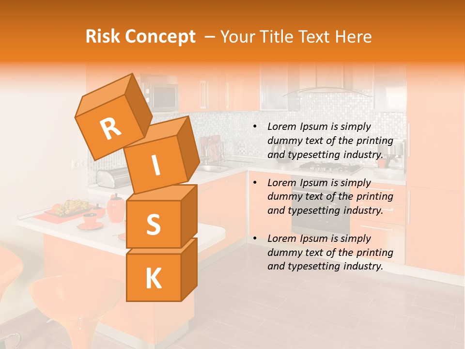 A Kitchen With Orange Cabinets And White Counter Tops PowerPoint Template