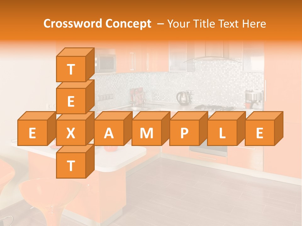 A Kitchen With Orange Cabinets And White Counter Tops PowerPoint Template