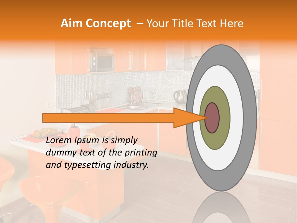 A Kitchen With Orange Cabinets And White Counter Tops PowerPoint Template