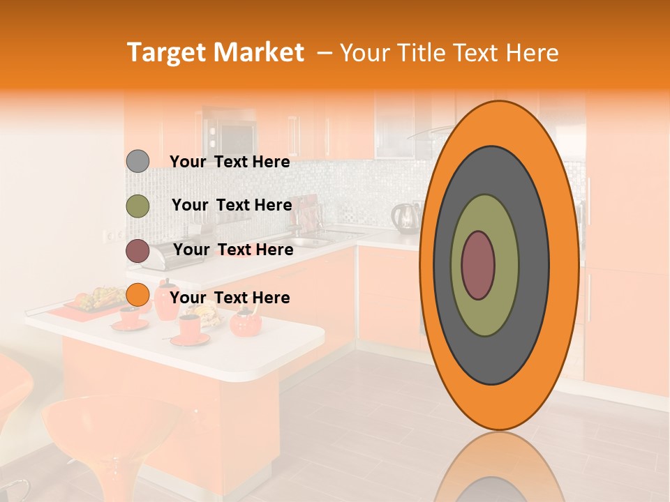 A Kitchen With Orange Cabinets And White Counter Tops PowerPoint Template
