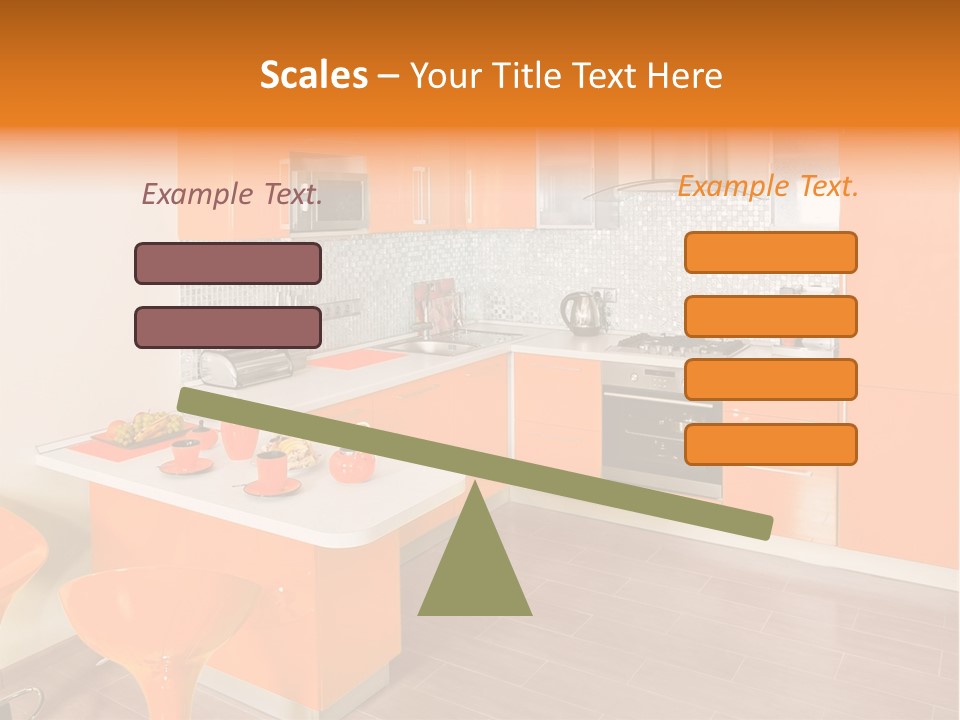 A Kitchen With Orange Cabinets And White Counter Tops PowerPoint Template