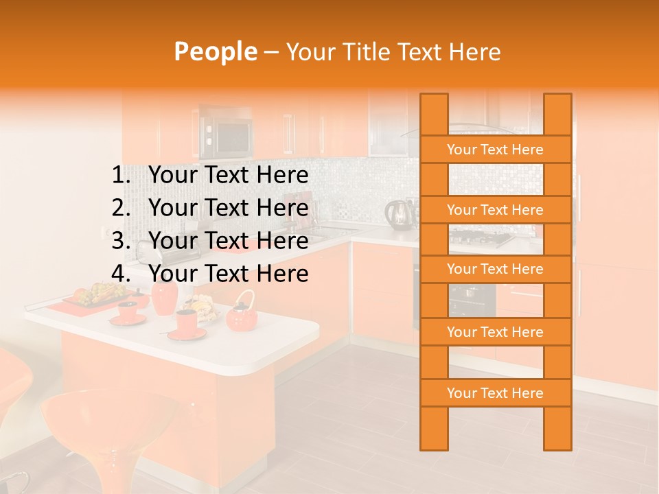 A Kitchen With Orange Cabinets And White Counter Tops PowerPoint Template