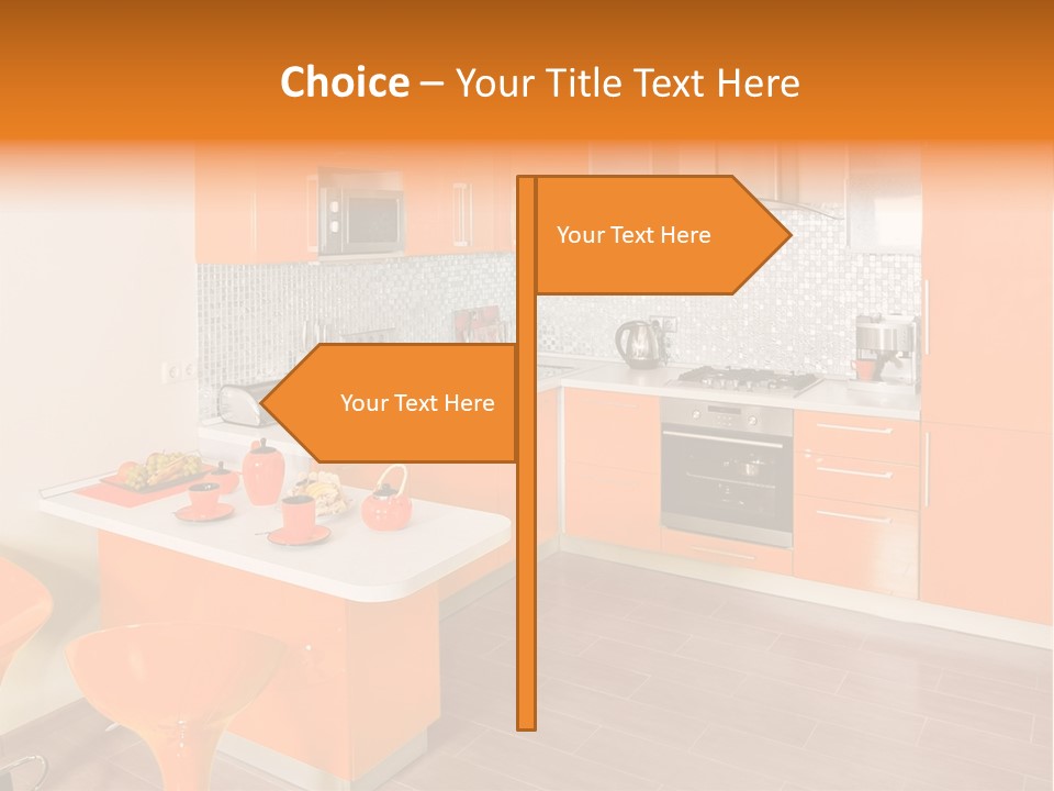 A Kitchen With Orange Cabinets And White Counter Tops PowerPoint Template