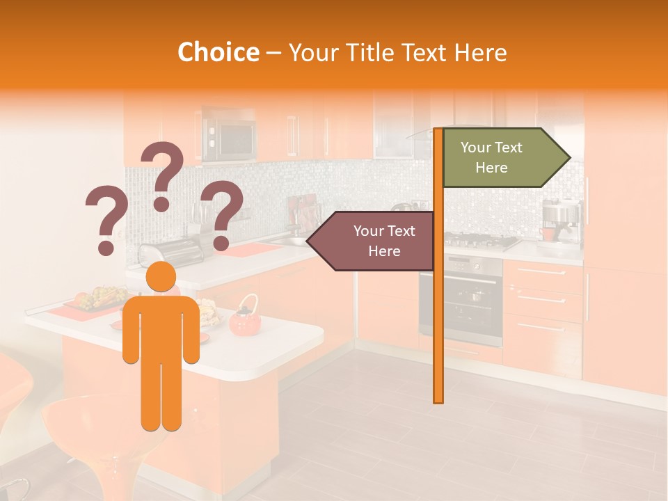 A Kitchen With Orange Cabinets And White Counter Tops PowerPoint Template