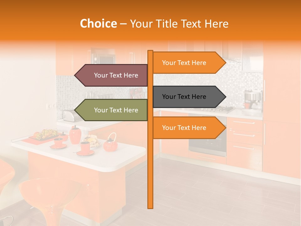 A Kitchen With Orange Cabinets And White Counter Tops PowerPoint Template