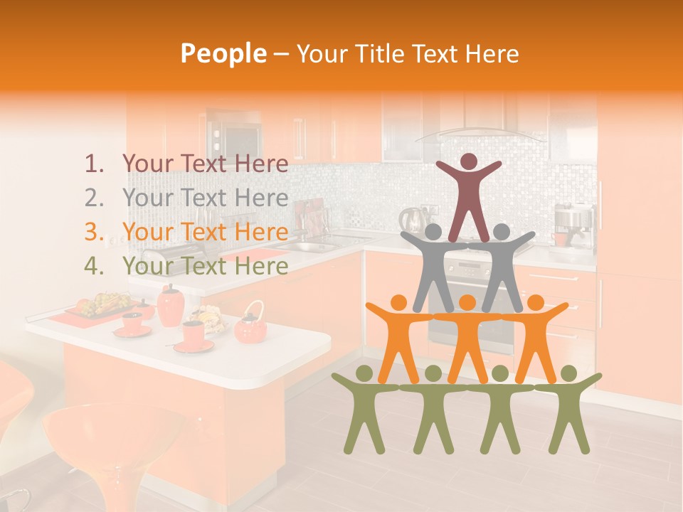 A Kitchen With Orange Cabinets And White Counter Tops PowerPoint Template