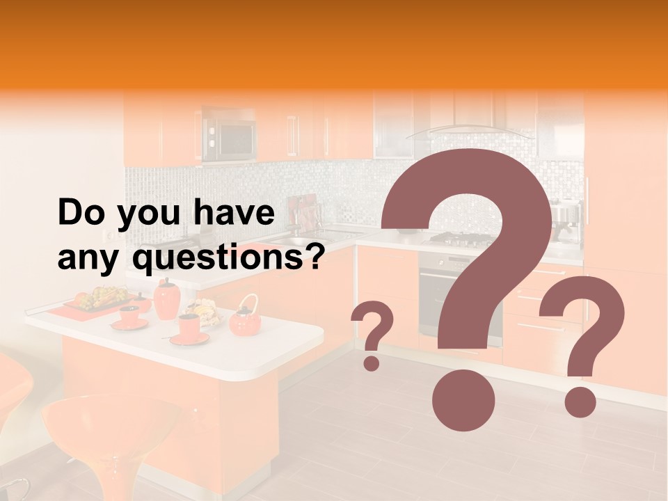 A Kitchen With Orange Cabinets And White Counter Tops PowerPoint Template