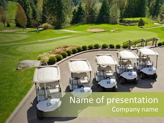A Group Of Golf Carts Parked On A Golf Course PowerPoint Template