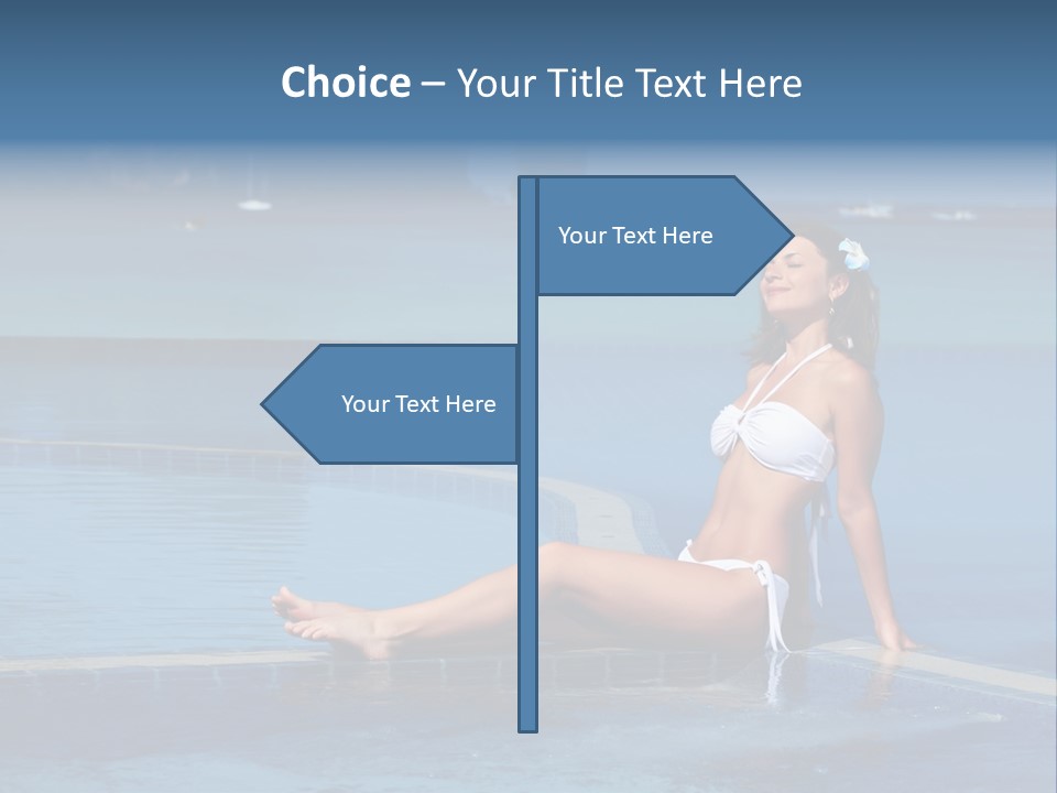 A Beautiful Woman In A White Bikini Sitting On The Edge Of A Swimming Pool PowerPoint Template