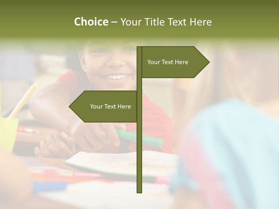 A Young Girl Smiles As She Sits At A Desk PowerPoint Template