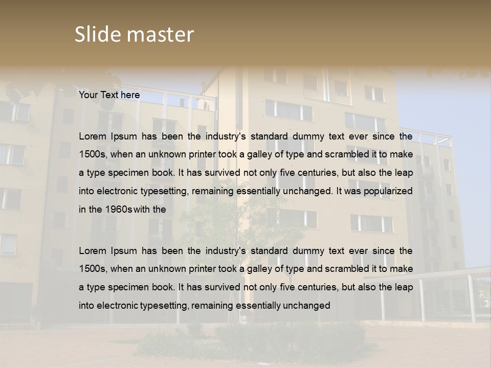 A Picture Of A Building With A Tree In Front Of It PowerPoint Template