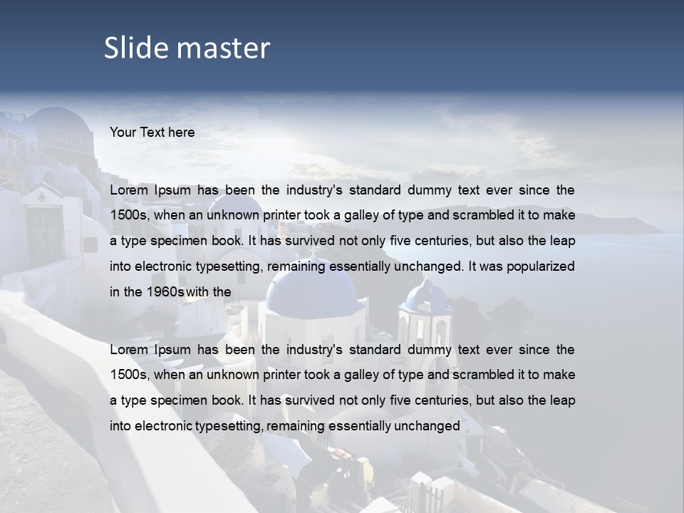 A Blue And White Church On A Cliff Overlooking The Ocean PowerPoint Template