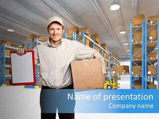 A Man Standing In A Warehouse Holding A Clipboard PowerPoint Template