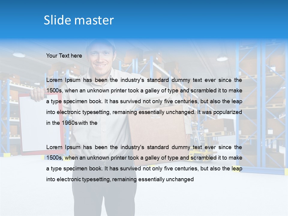 A Man Standing In A Warehouse Holding A Clipboard PowerPoint Template