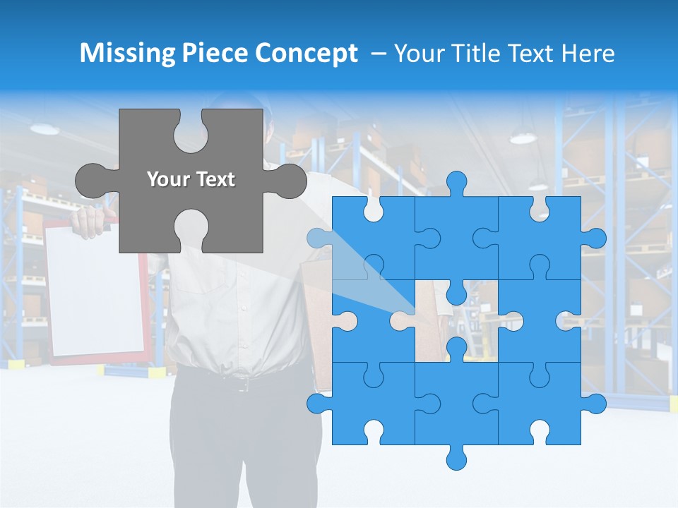 A Man Standing In A Warehouse Holding A Clipboard PowerPoint Template