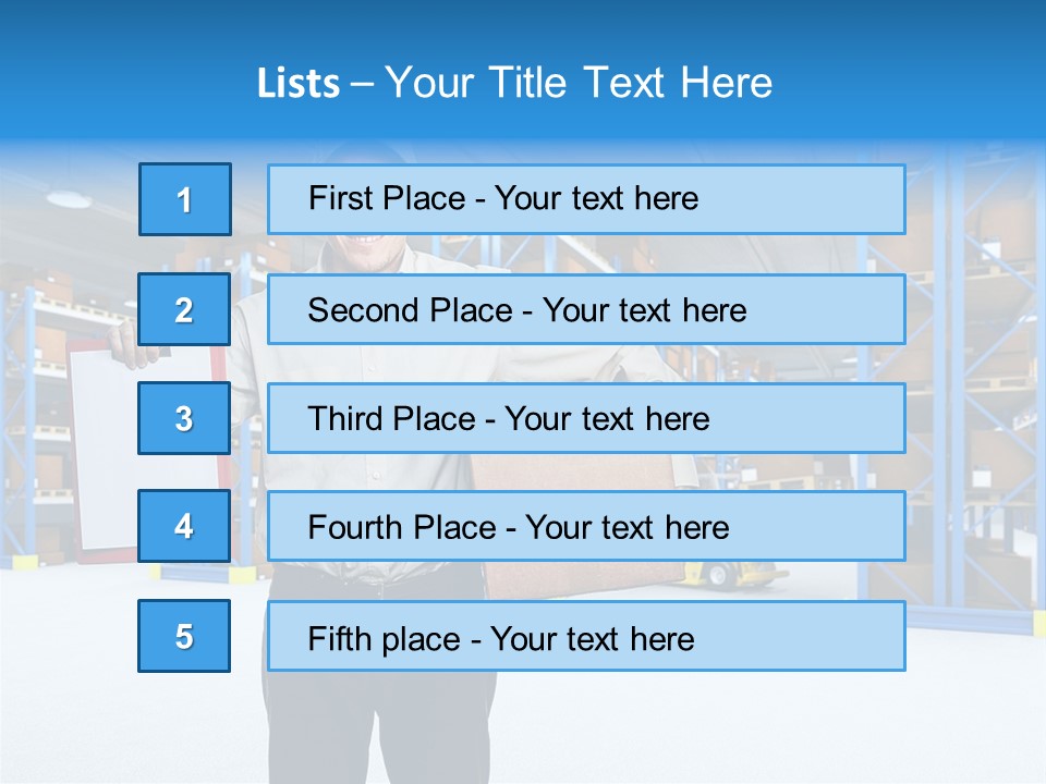A Man Standing In A Warehouse Holding A Clipboard PowerPoint Template