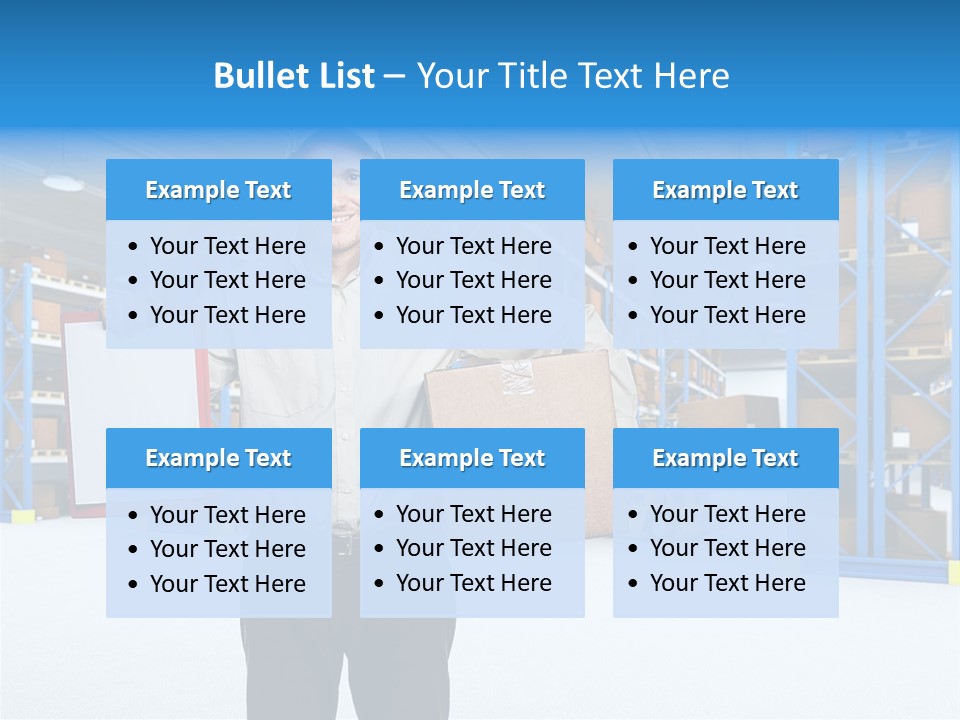 A Man Standing In A Warehouse Holding A Clipboard PowerPoint Template