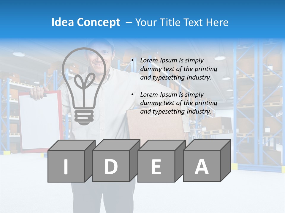 A Man Standing In A Warehouse Holding A Clipboard PowerPoint Template
