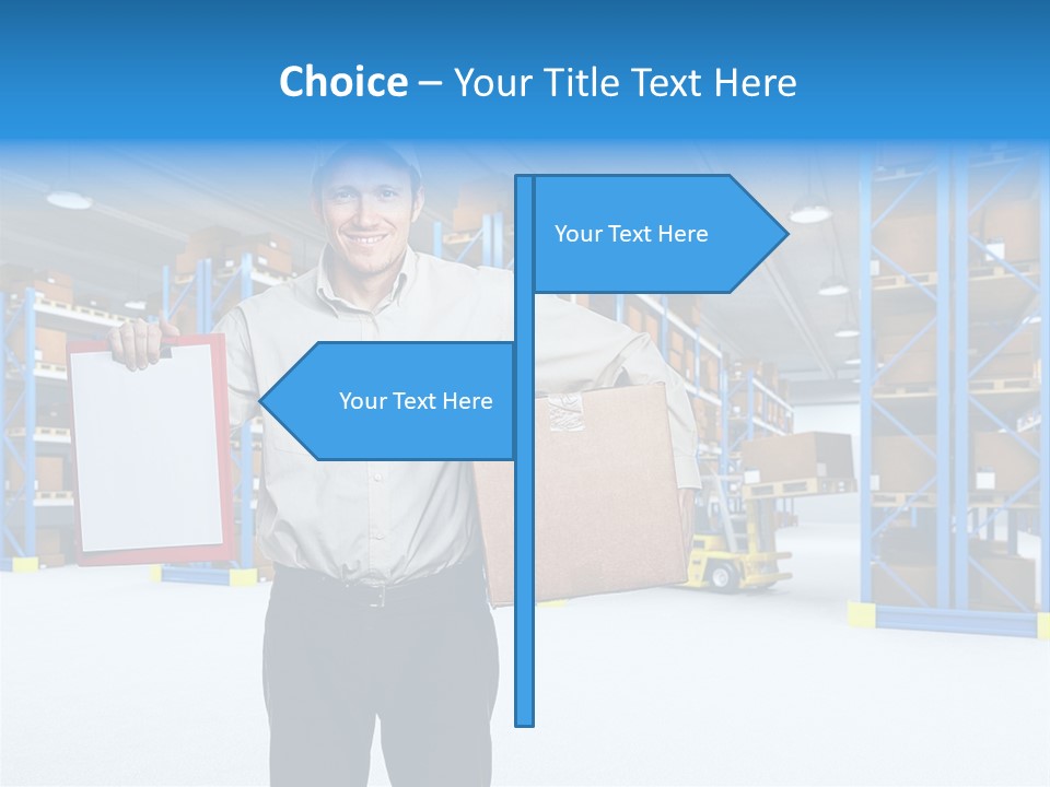 A Man Standing In A Warehouse Holding A Clipboard PowerPoint Template
