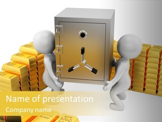 Two People Pushing A Safe In Front Of Stacks Of Gold Bars PowerPoint Template