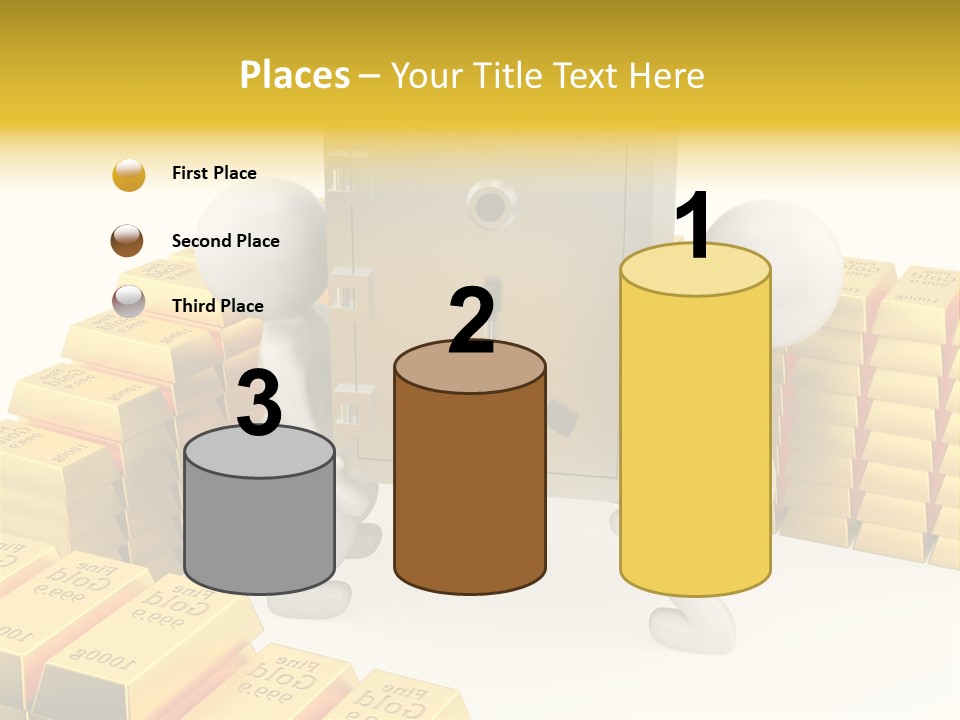 Two People Pushing A Safe In Front Of Stacks Of Gold Bars PowerPoint Template