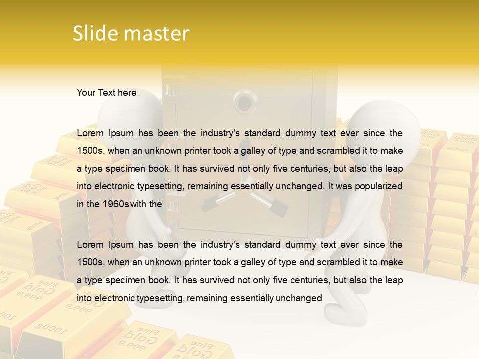 Two People Pushing A Safe In Front Of Stacks Of Gold Bars PowerPoint Template