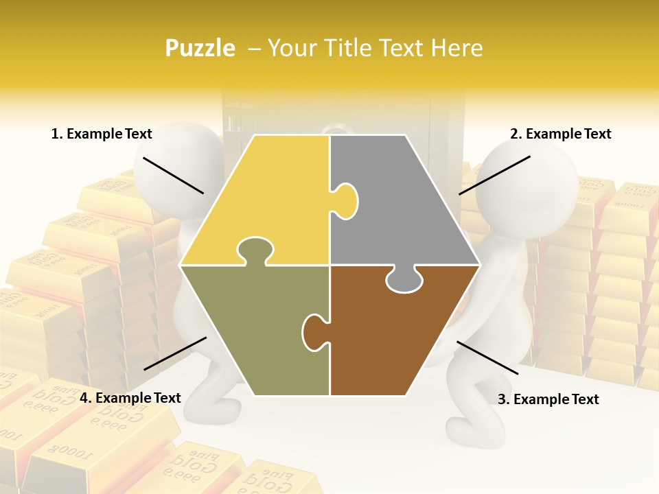 Two People Pushing A Safe In Front Of Stacks Of Gold Bars PowerPoint Template