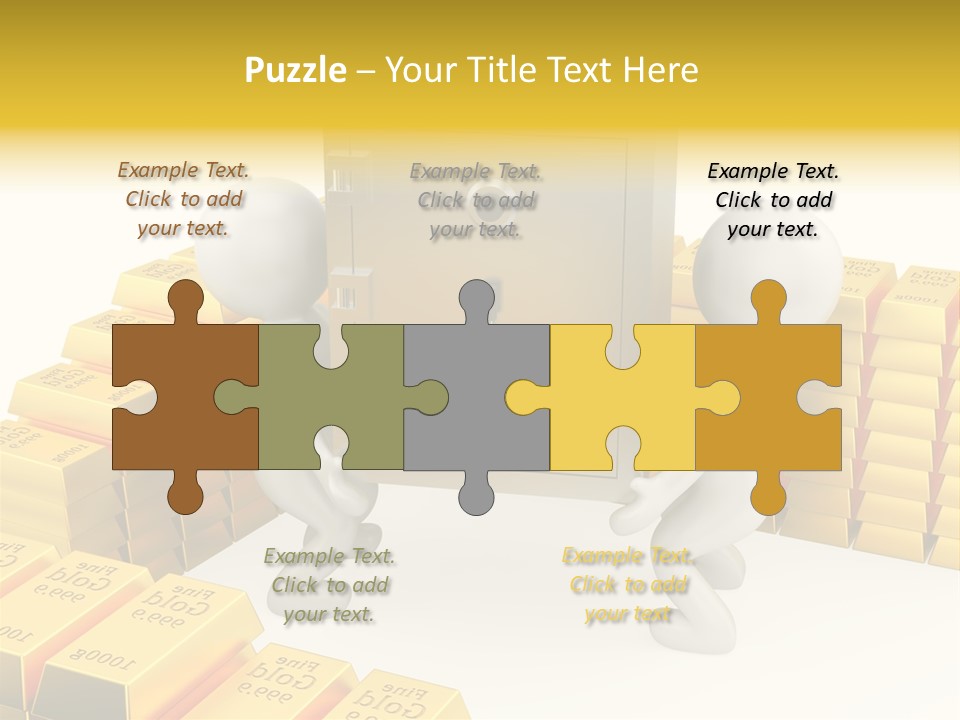 Two People Pushing A Safe In Front Of Stacks Of Gold Bars PowerPoint Template