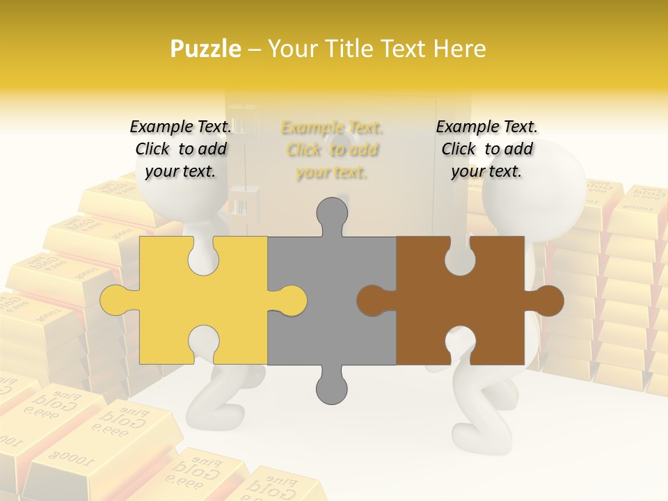 Two People Pushing A Safe In Front Of Stacks Of Gold Bars PowerPoint Template