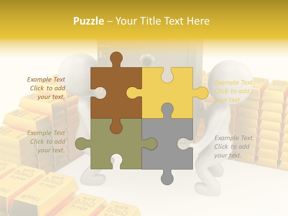 Two People Pushing A Safe In Front Of Stacks Of Gold Bars PowerPoint Template