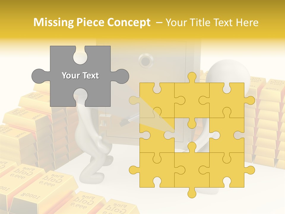 Two People Pushing A Safe In Front Of Stacks Of Gold Bars PowerPoint Template