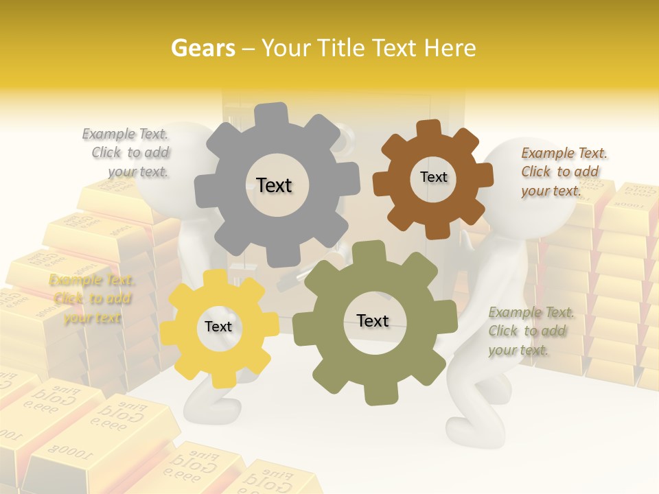 Two People Pushing A Safe In Front Of Stacks Of Gold Bars PowerPoint Template