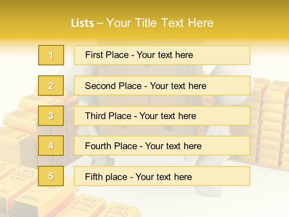 Two People Pushing A Safe In Front Of Stacks Of Gold Bars PowerPoint Template