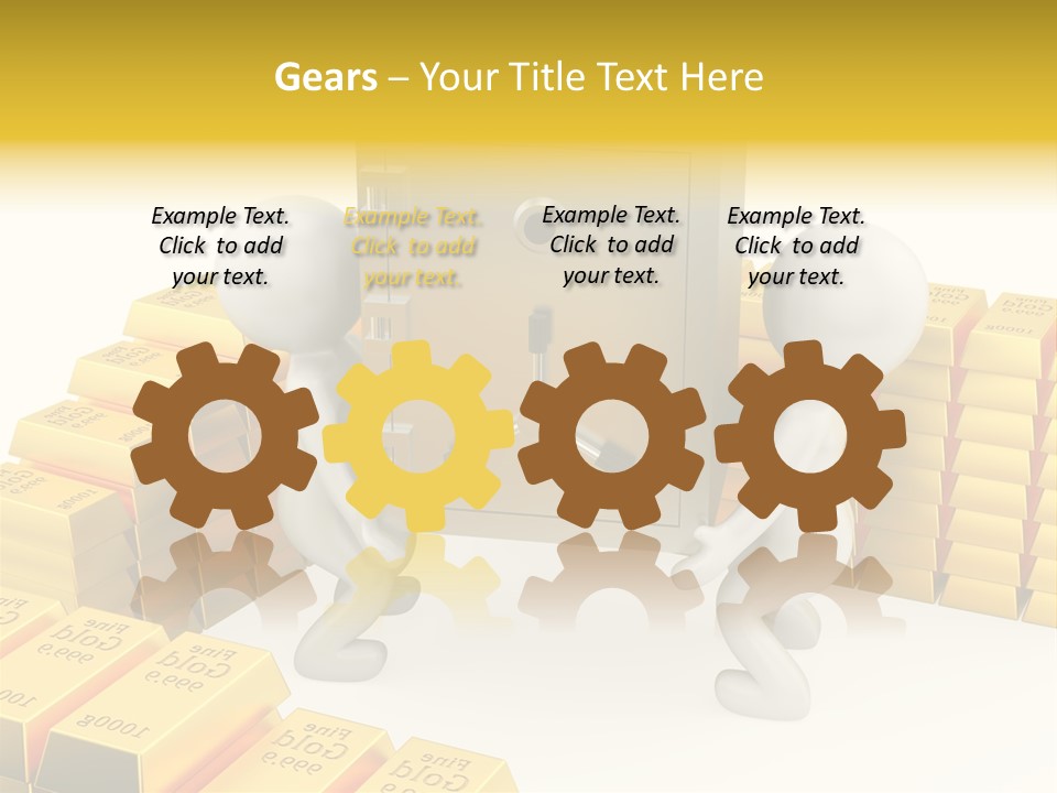 Two People Pushing A Safe In Front Of Stacks Of Gold Bars PowerPoint Template