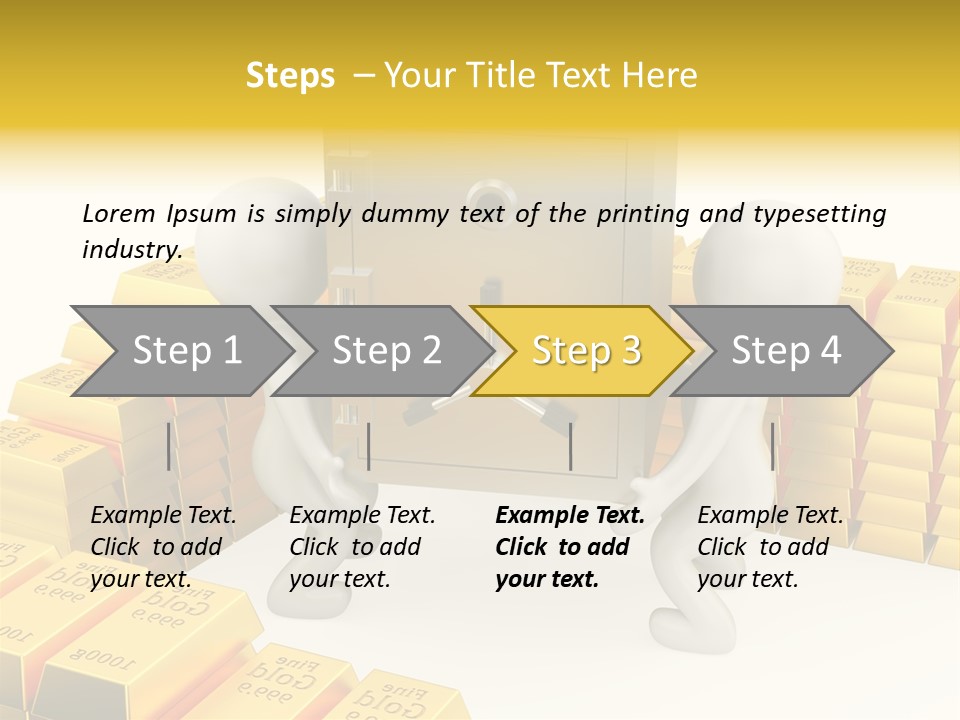 Two People Pushing A Safe In Front Of Stacks Of Gold Bars PowerPoint Template