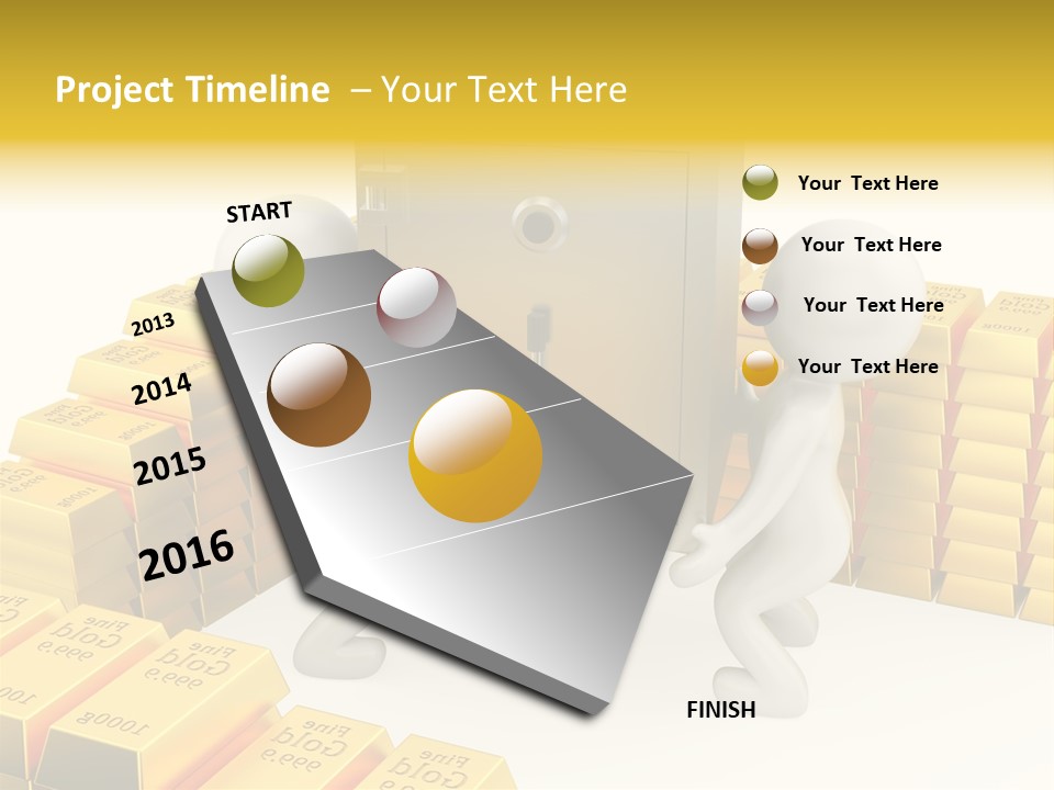 Two People Pushing A Safe In Front Of Stacks Of Gold Bars PowerPoint Template