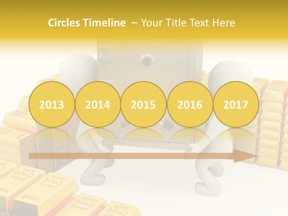 Two People Pushing A Safe In Front Of Stacks Of Gold Bars PowerPoint Template