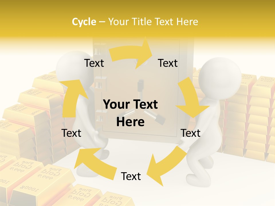 Two People Pushing A Safe In Front Of Stacks Of Gold Bars PowerPoint Template